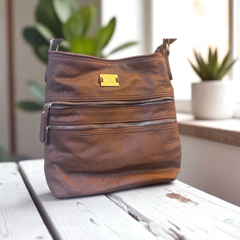 Style & Co Brown faux leather Adjustable Crossbody Purse Bag Handbag Multi Zip